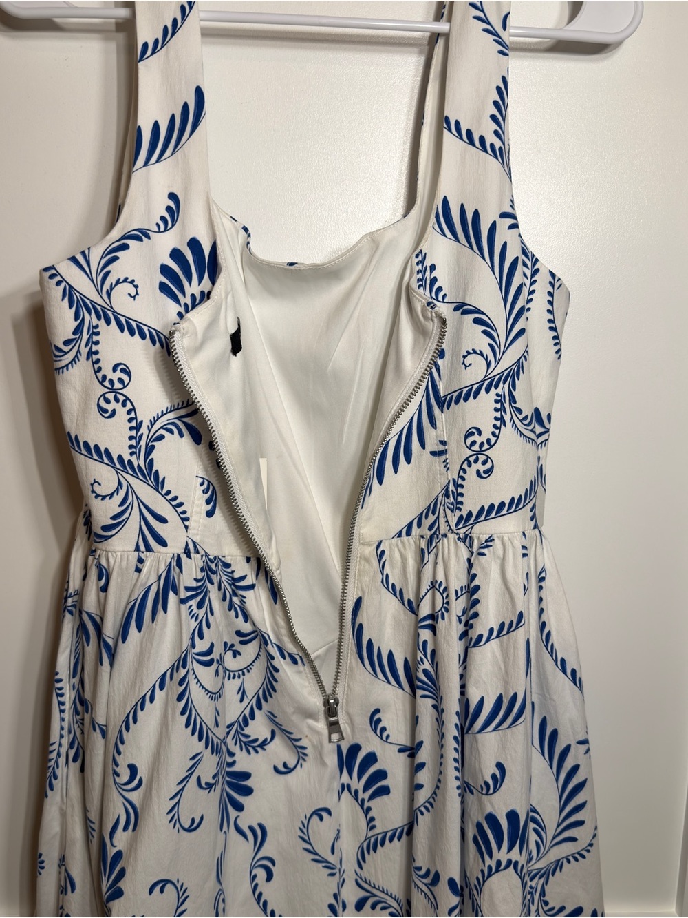 7 For All Mankind White/Blue Floral Square Neck A-Line Midi Zip Dress 10 NWT - Picture 9 of 14